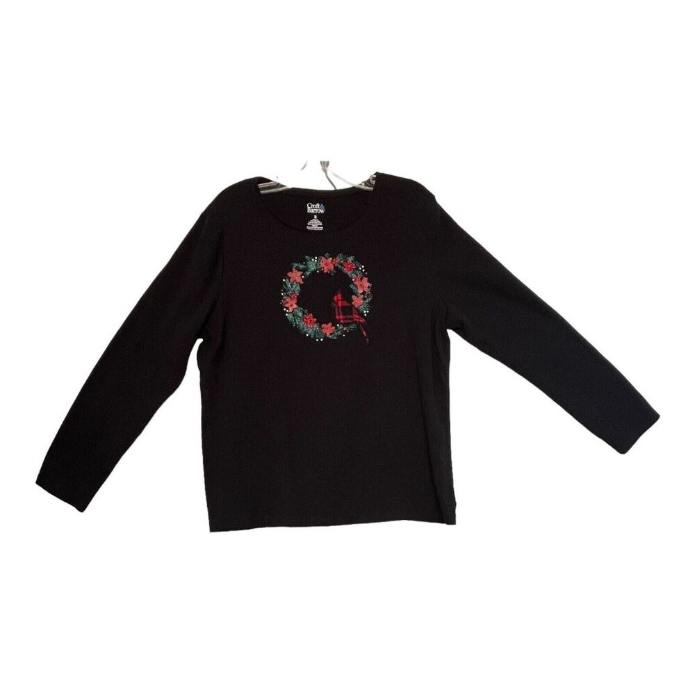 $20 Croft & Barrow Women's Shirt XL Black Long Sleeve Crew Neck Christmas Wreath